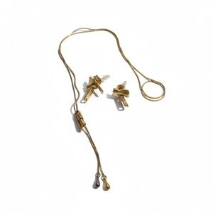 Gold Tone Zipper Pendant Necklace & Zipper Drop Earrings Jewelry‎ Set